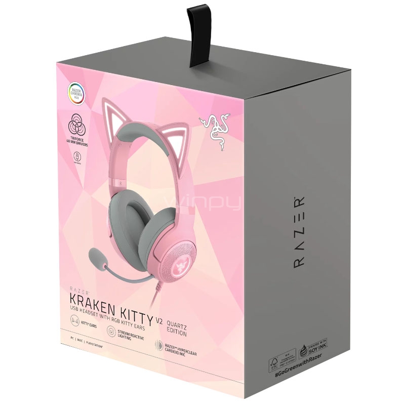 Audífonos Gamer Razer Kraken Kitty V2 Quartz (TriForce, USB, RGB, Rosado)